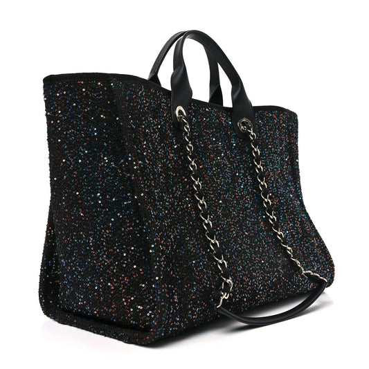 Calfskin Sequin Medium Deauville Tote Black