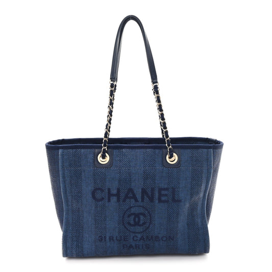 Mixed Fibers Striped Small Deauville Tote Navy Blue