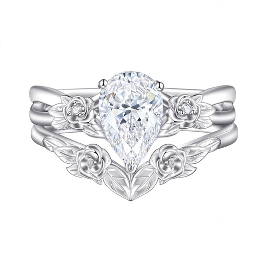 1.5CT Moissanite Flower Teardrop Ring Set