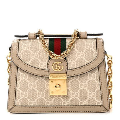 GG Supreme Monogram Textured Dollar Calfskin Web Mini Ophidia Padlock Top Handle Chain Shoulder Bag Beige Mystic White Oatmeal