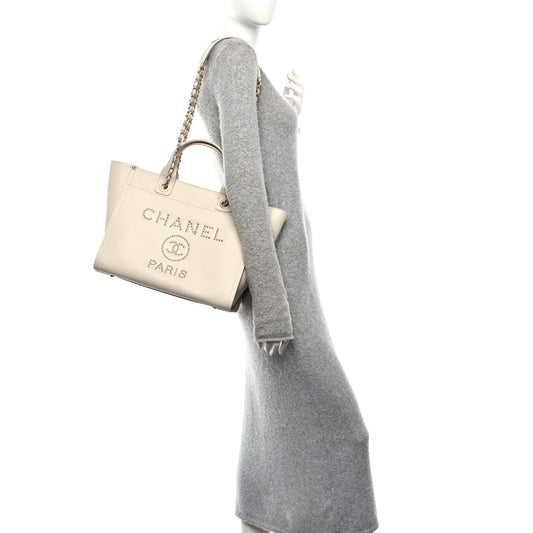 Caviar Small Studded Deauville Tote Ivory