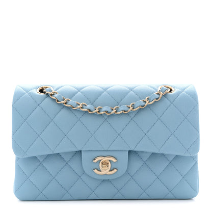 Caviar Quilted Small Double Flap Light Blue