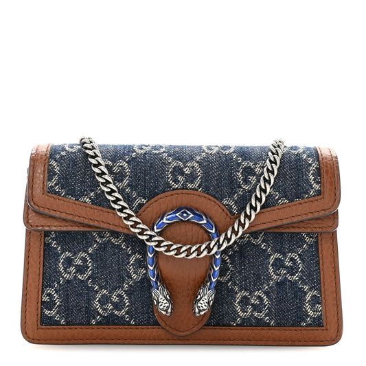 New Denim GG Monogram Dollar Calfskin Enamel Super Mini Dionysus Shoulder Bag Blue Tea Cuir Epilog Electric Blue