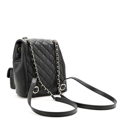 Shiny Caviar Quilted Medium Duma Pockets Drawstring Backpack Black