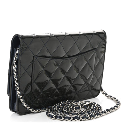 Patent Quilted Wallet On Chain WOC Navy Blue