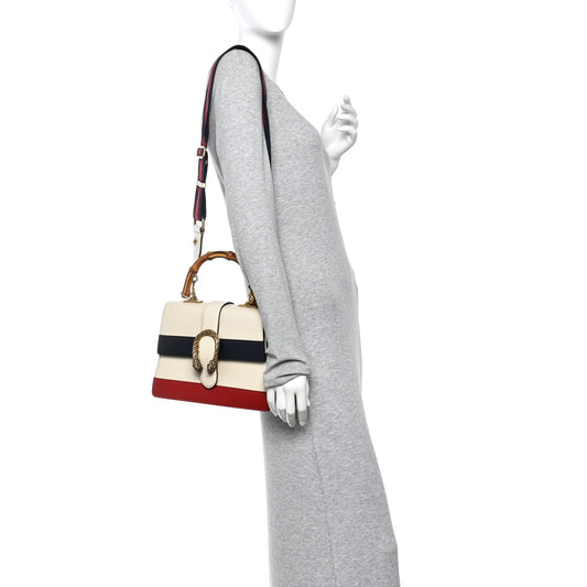 Calfskin Bamboo Web Medium Dionysus Top Handle Bag White Blue Hibiscus Red