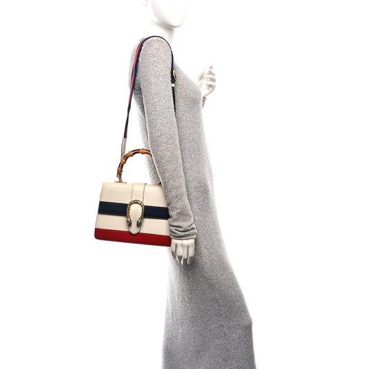 Calfskin Bamboo Web Medium Dionysus Top Handle Bag White Blue Hibiscus Red