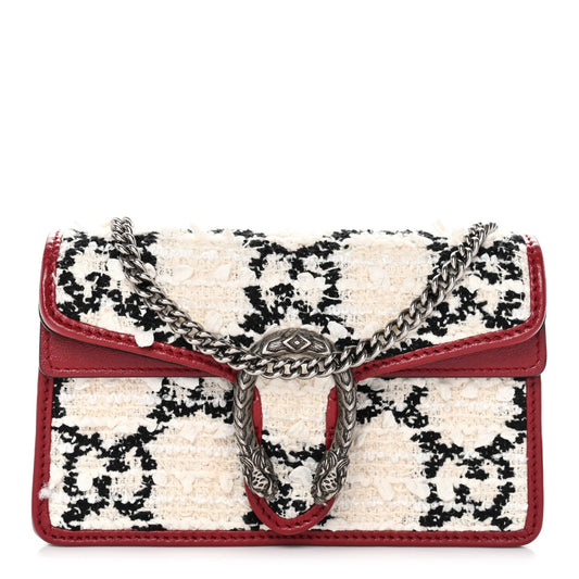Tweed GG Monogram Super Mini Dionysus Shoulder Bag White Black Romantic Cherry