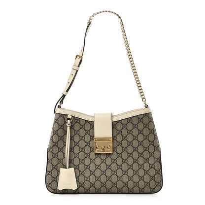 GG Supreme Monogram Moon Calfskin Medium Padlock Shoulder Bag Beige Ebony Mystic White
