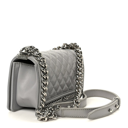 Iridescent Lambskin Quilted Small Chain Around Boy Flap Grey
