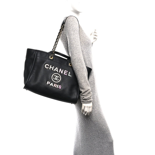 Calfskin Medium Deauville Tote Black Multicolor