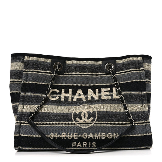Striped Canvas Small Deauville Tote Dark Grey