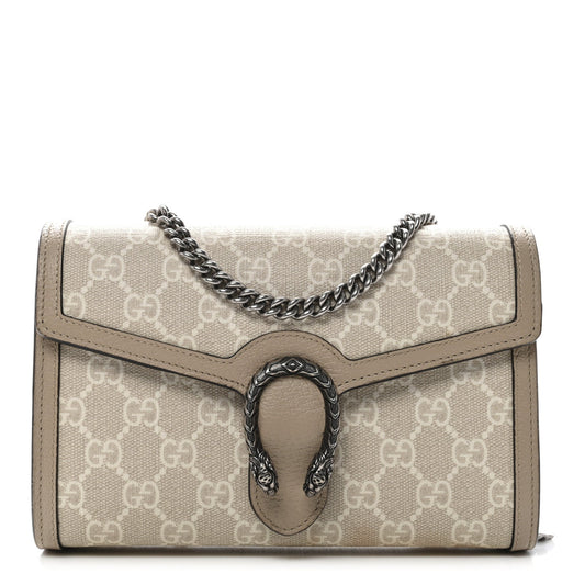 GG Supreme Monogram Textured Dollar Calfskin Mini Dionysus Chain Wallet Beige Mystic White Oatmeal