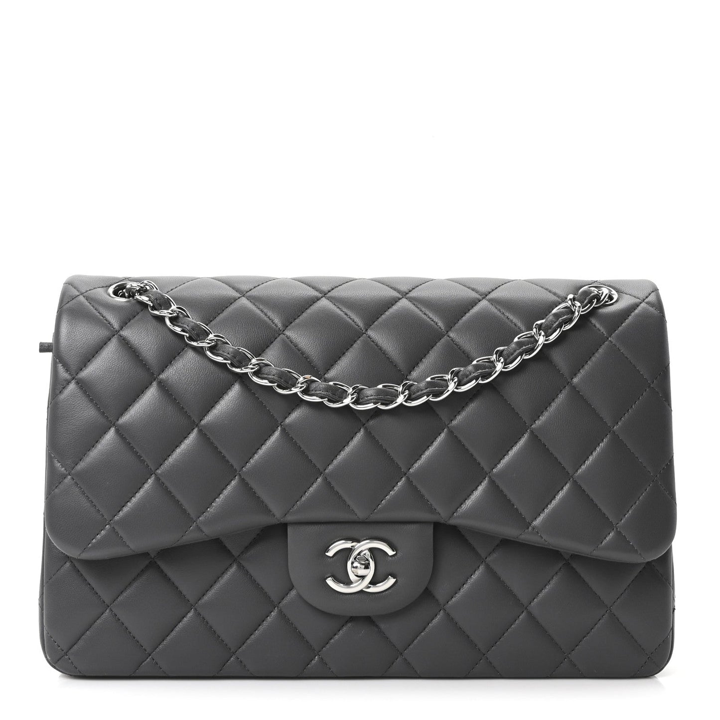 Lambskin Quilted Jumbo Double Flap Dark Grey