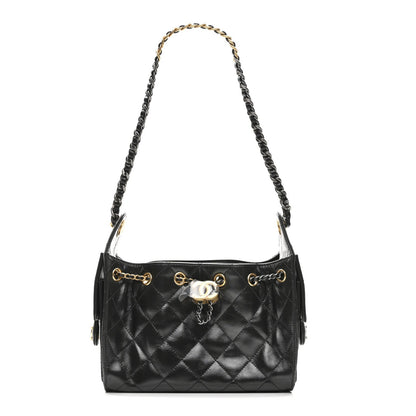 Shiny Crumpled Quilted Mini Chanel 25 Handbag Black