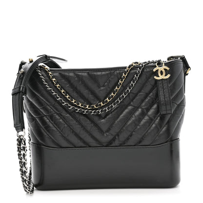 Aged Calfskin Chevron Quilted Medium Gabrielle Hobo Black