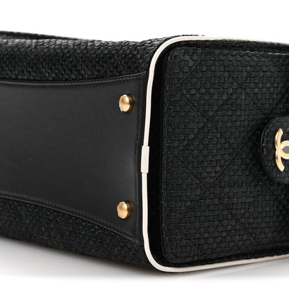 Braided Raffia Calfskin Small Chanel 25 Handbag Black White