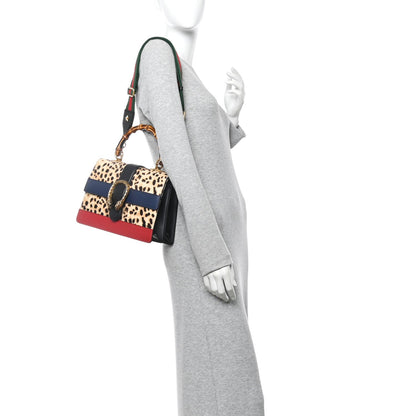 Calf Hair Calfskin Bamboo Web Leopard Print Medium Dionysus Top Handle Bag Natural Blue Agata Hibiscus Red