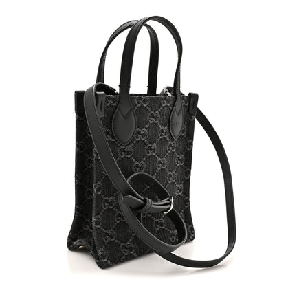 Denim GG Monogram Dollar Calfskin Mini Ophidia Tote Black Grey