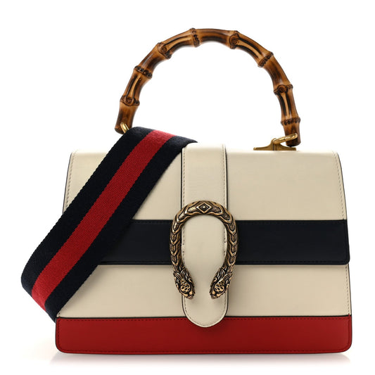 Calfskin Bamboo Web Medium Dionysus Top Handle Bag White Blue Hibiscus Red