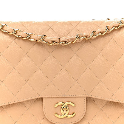Caviar Quilted Jumbo Double Flap Beige