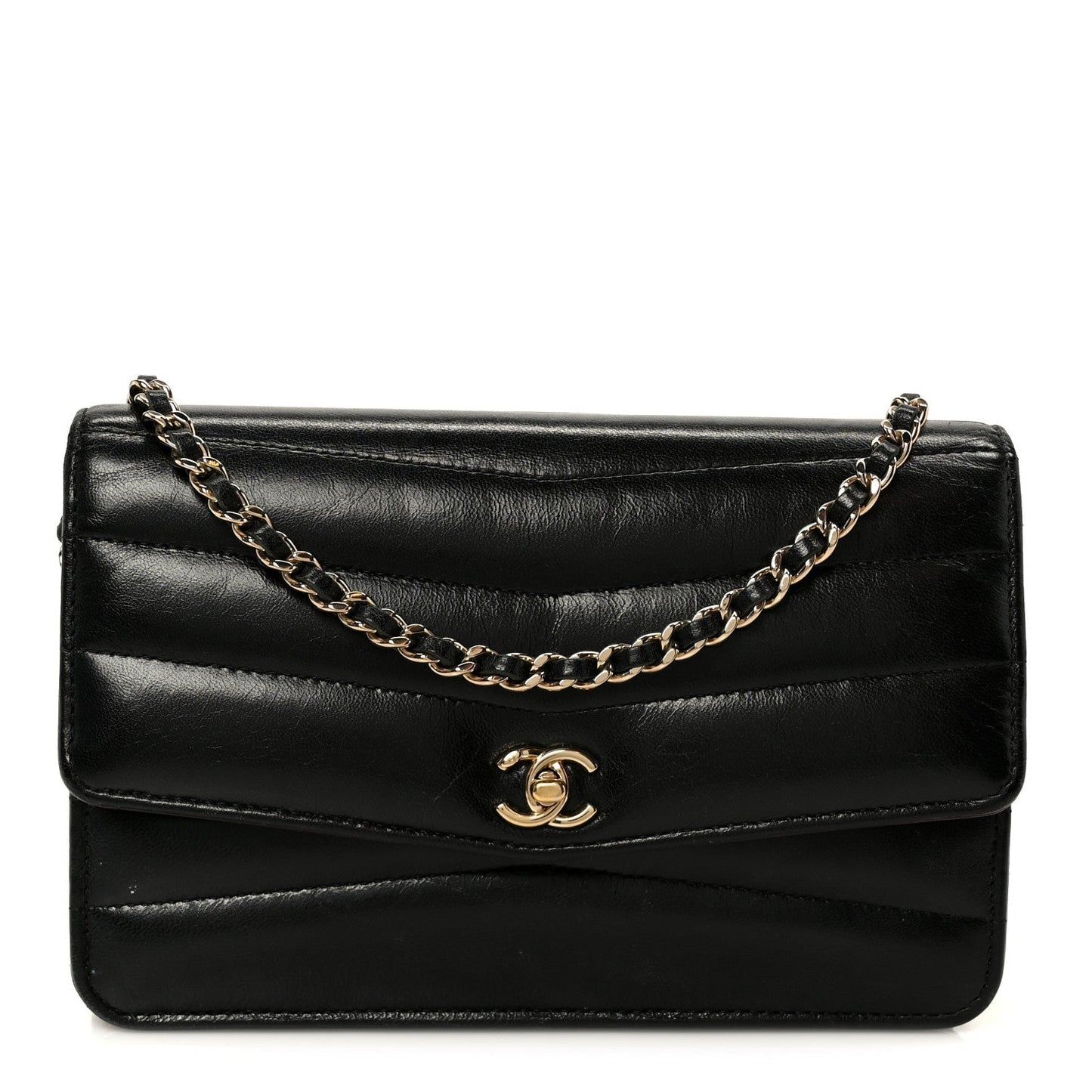 Lambskin Chevron Quilted Wallet On Chain WOC Black