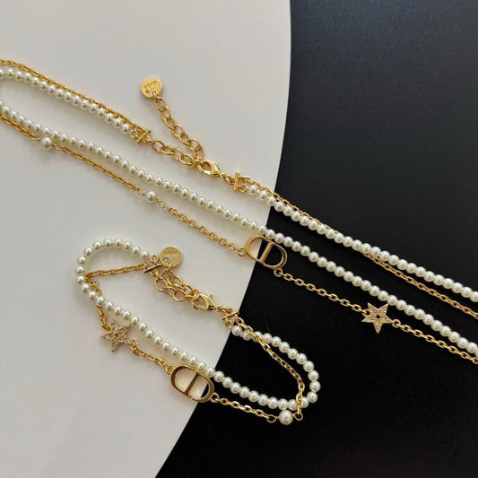 Dior Pearl Double Chain Necklace Bracelet