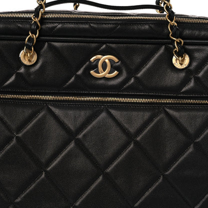 Shiny Grained Calfskin Quilted Large Travel Bowling Bag Black