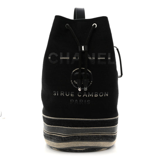 Striped Canvas Deauville Drawstring Backpack Black