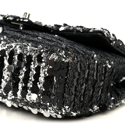 Sequin Camellia Small Single Flap Silver Black