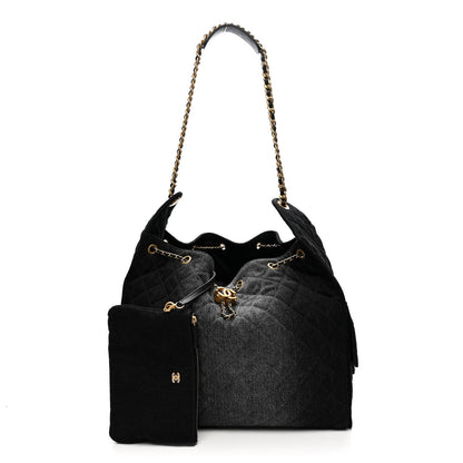 Washed Denim Quilted Large Chanel 25 Handbag Black