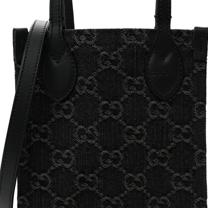 Denim Cuoio Harness GG Monogram Mini Ophidia Tote Bag Black Medium Grey