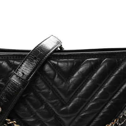 Aged Calfskin Chevron Quilted Medium Gabrielle Hobo Black