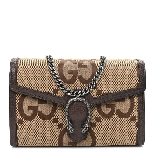 Monogram Jumbo GG Textured Dollar Calfskin Mini Dionysus Chain Wallet Camel Ebony New Acero