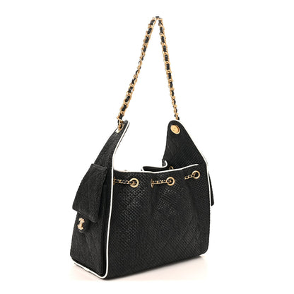 Braided Raffia Calfskin Quilted Small Chanel 25 Handbag Black White