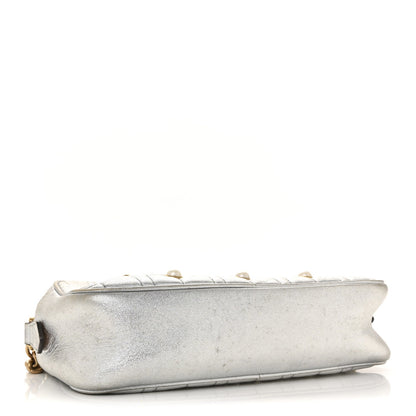 Metallic Calfskin Matelasse Studded Small Pearly GG Marmont Chain Shoulder Bag Silver