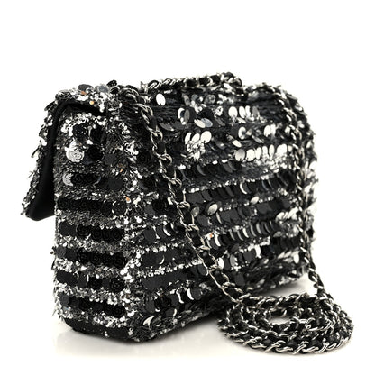 Sequin Camellia Small Single Flap Silver Black